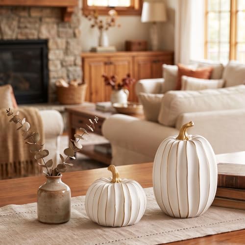 2Pcs Resin Pumpkin Figurines, Gold Stripe Fall Thanksgiving Decor - style: Gold Stripe Pumpkin