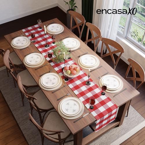 Encasa XO Table Runner, Woven Cotton Dining Linens 13"x72" Red - color: Buffalo Red Checks, size: 13x72 in