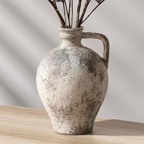 PORCER Antique Ceramic Vase, 8.3 Inch Terracotta Vase with Handle, Tuscan Decor Decorative Vase, Rustic Vase for Home Decor, Farmhouse, Living Room, Floor, Wedding, Christmas- Gray - color: Gray- 8.3"