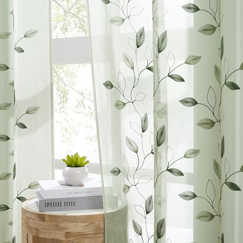 Bujasso Embroidered Leaf Sheer Curtains, Sage Green 38" Wx84 Lx2 - color: Sage Green, size: 38"W x 84"L (Pack of 2)