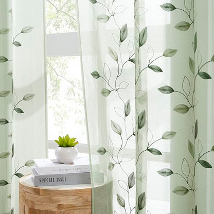 Bujasso Embroidered Leaf Sheer Curtains, Sage Green 38" Wx90 Lx2 - color: Sage Green, size: 38"W x 90"L (Pack of 2)