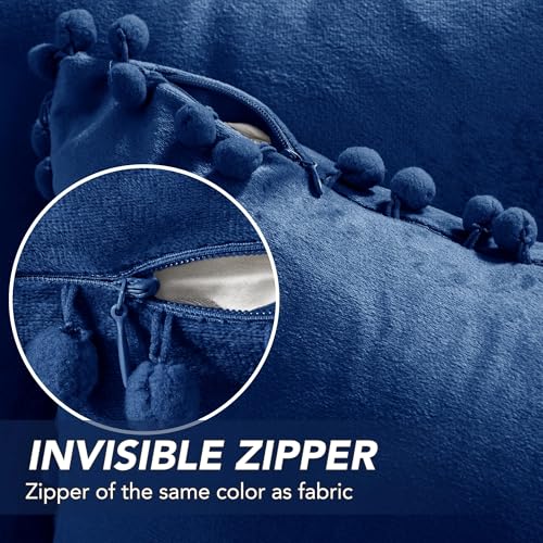 Deconovo Velvet Throw Pillow Covers, Set of 2, 16” x 16” Navy, Square Pom-poms Hidden Zipper Cover for Living Room - color: Navy, size: 16" x 16" (Pack of 2)