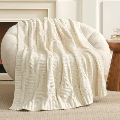 Amélie Home Chenille Knit Throw Blanket, Cream White 60"x80" - color: Cable Cream White, size: 60" X 80"