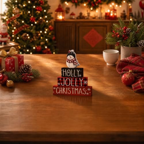 Smile 4 Pcs Wooden Christmas Block Signs, Holly Jolly Snowman Decor - style: Holly Jolly
