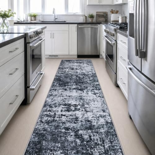 3x14 Washable Runner Rug：Modern Abstract Kitchen Carpet Black - color: Black, size: 3' x 14' (Rectangular)