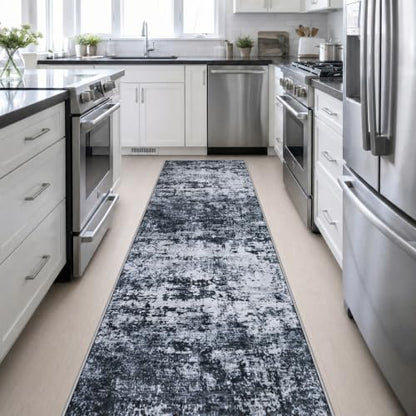 3x14 Washable Runner Rug：Modern Abstract Kitchen Carpet Black - color: Black, size: 3' x 14' (Rectangular)