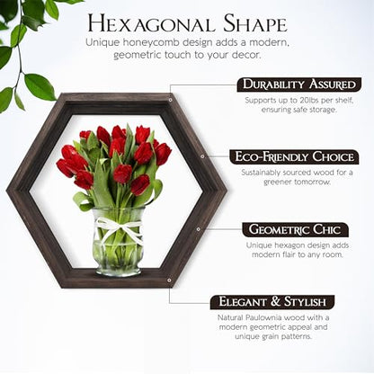 Hexagon Floating Shelves Set of 8 Honeycomb Shelves for Wall, Wooden Hexagon Shelves for Farmhouse Storage - color: Rustic Brown