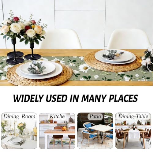 Olive Green Daisy Flowers Spring Table Runner, Table Runners 72 Inches Long - color: White Daisy