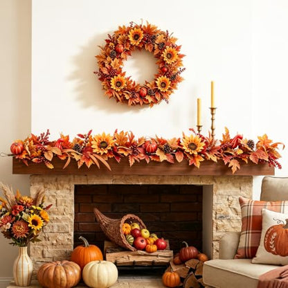 Fall Garland for Mantle, Thanksgiving Autumn Leaves Garlands for Decoration - size: 6 Ft Fall Garland