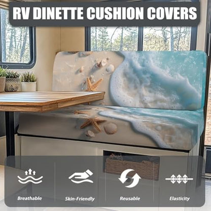 Beach Starfish Ocean Wave Print RV Dinette Cushion Covers Wear-Resistan Camper Cushion Slipcover Elastic 2 Seat Sofa Chair Cover 1 Backrest Covers and 1 Bench Covers - color: Beach Starfish Ocean Wave