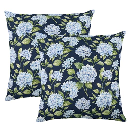Navy Blue Hydrangea Watercolor Floral Linen Pillow Cover 18x18 Inch Set of 2 for Coastal Home Decor, Insert Not Included - color: Navy-blue-green