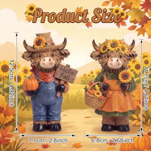 2 Pcs Fall Highland Cow Figurines Gifts, Resin Table Decor - style: Hello Fall
