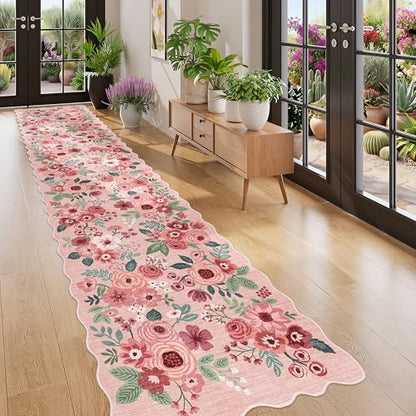 DUKINO 2.6x12 Washable Runner Rug, Floral Non Slip Long Kitchen Rug, Pink - color: Pink (Big), size: 2'6" x 12' (Rectangular)