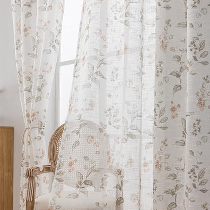 SUOUO Floral Semi Sheer Curtains Linen Textured 96 inches 2 Panels - color: Coffee-l, size: 52"W x 96"L (Pack of 2)