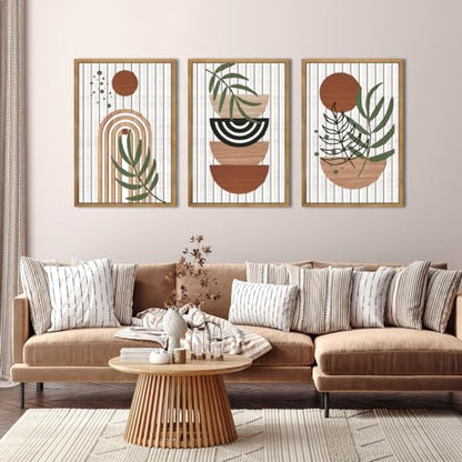 DRACIT Large Boho Mid Century Wooden Framed Canvas Wall Art Set-16"x24"×3 - color: 3D Boho Mid Century Wooden Decor