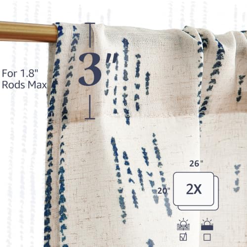 jinchan Linen Striped Tier Curtains for Kitchen Windows Boho - color: Boho Blue | on Beige, size: 26"W x 20"L (Pack of 2)