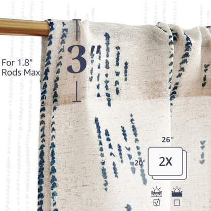 jinchan Linen Striped Tier Curtains for Kitchen Windows Boho - color: Boho Blue | on Beige, size: 26"W x 20"L (Pack of 2)