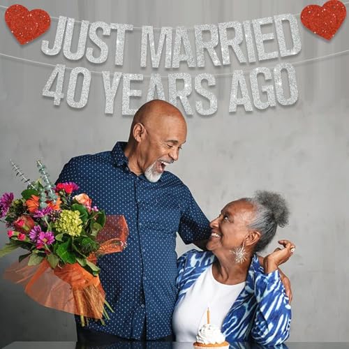 Silver Glitter Just Married 40 Years Ago Banner,NO DIY,Pre-Strung 40th Wedding Anniversary Party Decorations 40 Years Blessed & Loved Garland Sign We Still Do 40th Party Supplies - color: 40silver