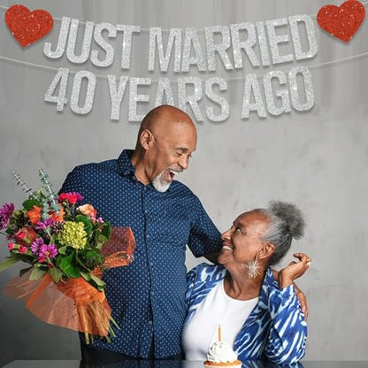 Silver Glitter Just Married 40 Years Ago Banner,NO DIY,Pre-Strung 40th Wedding Anniversary Party Decorations 40 Years Blessed & Loved Garland Sign We Still Do 40th Party Supplies - color: 40silver