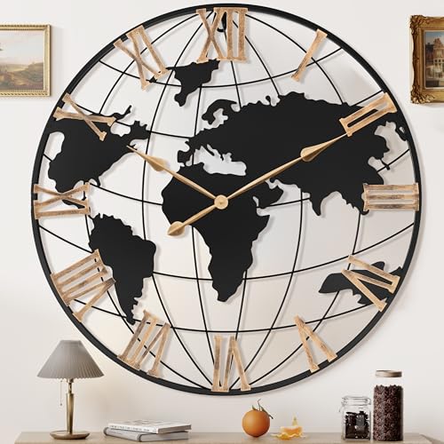 Pytha Sight 36 Inch Large Extra Metal Oversized Roman World Map Wall Clock - color: Gold Roman, size: 36 inch