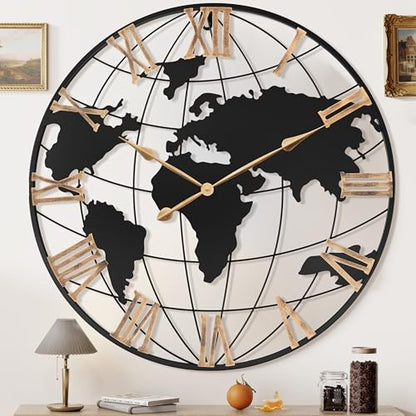 Pytha Sight 36 Inch Large Extra Metal Oversized Roman World Map Wall Clock - color: Gold Roman, size: 36 inch