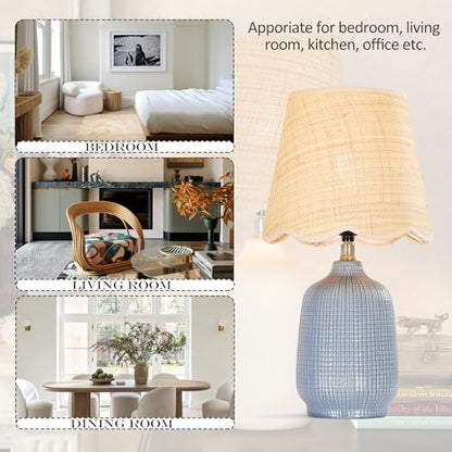 Pia Ricco 19" Modern Ceramic Table Lamp for Living Room Gray Blue Base Desk Lamps for Bedroom Farmhouse Bedside Nightstand Lamp End Table Lamps,Bule,Rattan Shade - color: Navy Blue Base