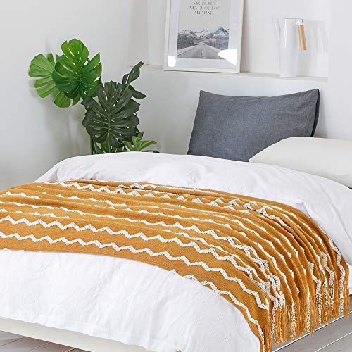 BOURINA Knitted Throw Blanket Boho Chenille Blanket,Dark Gold 50x60Inch - color: A-mustard, size: 50"×60"