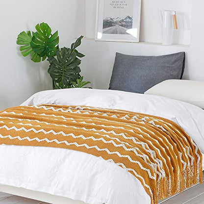 BOURINA Knitted Throw Blanket Boho Chenille Blanket,Dark Gold 50x60Inch - color: A-mustard, size: 50"×60"
