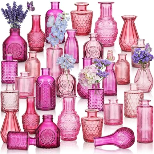 32 PCS Assorted Vintage Bud Vases, Colorful Glass Small Vases Bulk, for Centerpieces, Wedding Table Decor, Home Decorations & Gifts (Pink Seiris) - color: Diffpink, size: 32PCS