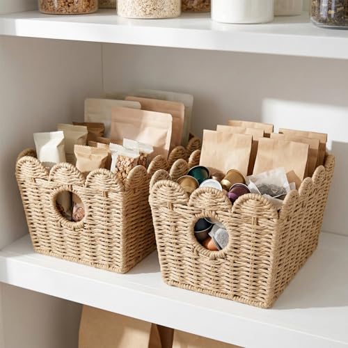 Scalloped Storage Baskets Set of 2, Built-In Handles