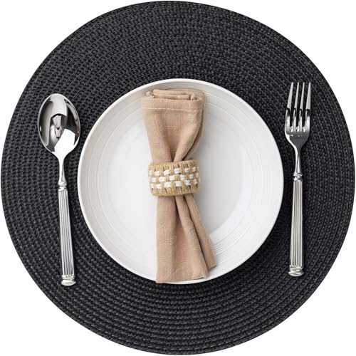 Baroyal Round Placemats Set of 8 Plastic Woven Placemats Washable Wipeable Table Mats for Dining Table Heat Resistant Non-Slip Circle Place Mats (Black) - color: Black