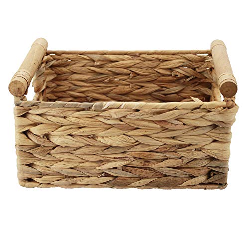 Natural Woven Water Hyacinth Storage Basket with Wood Handles, Large - color: Natural, size: 14.17x 10.23x 6.69