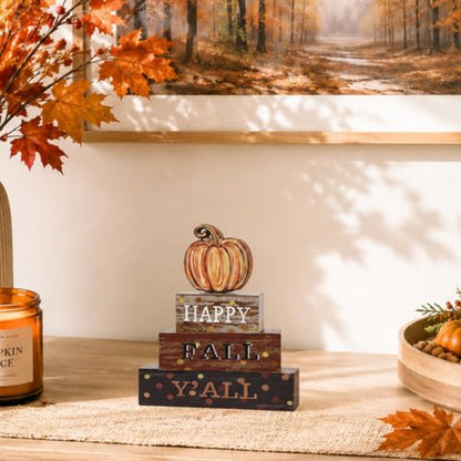 Smile Fall Wooden Block Decor Signs Pumpkin Plaque HAPPY FALL Y'ALL Tiered Tray Tabletop Signs for Autumn Harvest Thanksgiving Home Decor - style: Fall Y’all