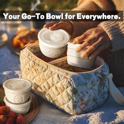 Artena Ramekins with Lids, Creme Brulee Ramekins Oven Safe, Ceramic Pudding Cups, Souffle Cups, Custard Cups, Dipping Sauce Cups, Food Storage Containers with Lids, Set of 4 (8 oz, Pinwheel Flower) - size: 4 inch (Pinwheel Flower, White)
