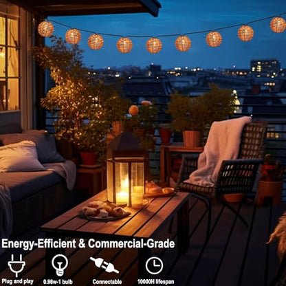 TWINKVILLA Decorative String Lights Plug in with 10 Incandescent Bulbs, Natural Rattan Globe Boho Lantern String Lights Connectable Weatherproof Outdoor Indoor for Bedroom Patio Pergola Decor