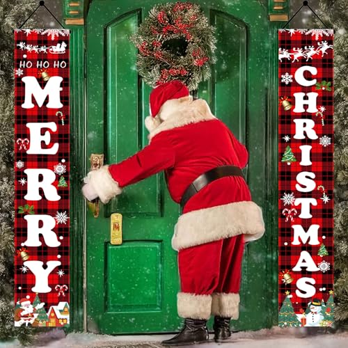 Christmas Decorations Outdoor Yard Front Porch Sign Set, Red Black Buffalo Plaid Door Banner, Hanging Merry Christmas Decorations for Home, Indoor Outdoor Xmas Decor Wall Front Door Yard Garage(Red)
