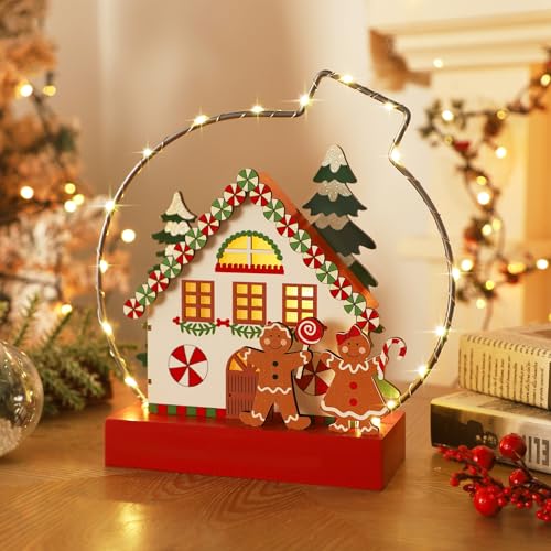 Christmas Tabletop Decoration, Wooden Lighted Gingerbread House Ornaments, Battery Operated Christmas Indoor Fireplace Home Table Decorations - style: Gingerbread House