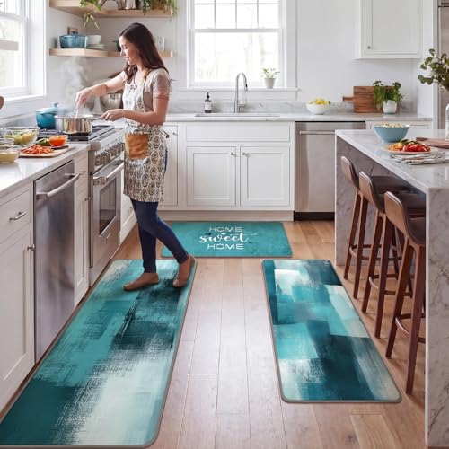 Fourluoo 3 Pcs Teal Turquoise Kitchen Rugs and Mats Set - color: Teal
