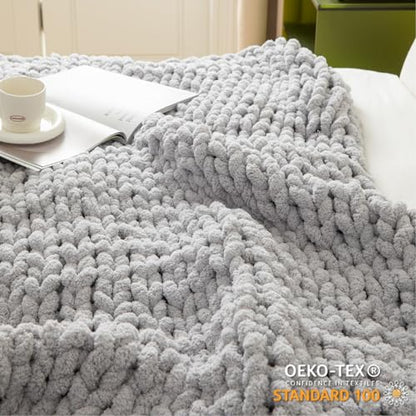 WESHIONGOO Chunky Knit Blanket Throw for Couch 51"×63" Light Grey - color: Light Grey, size: 51"x63"(Large Size Throw)