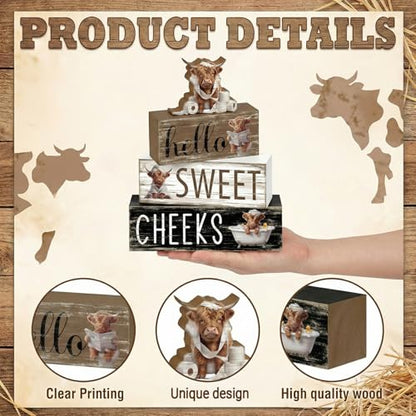 Britimes Tiered Tray Decor Set, 4 Pack, Wooden Table Signs, Highland Cow - style: Highland Cow
