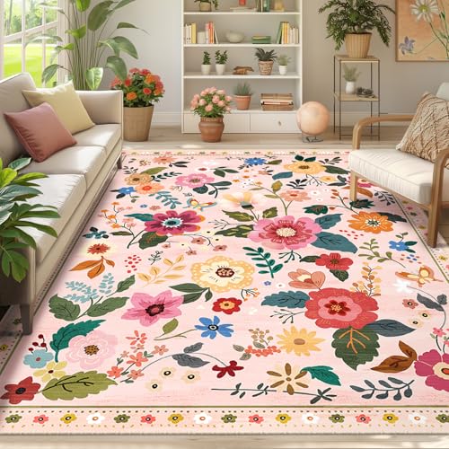 RELEANY Floral Washable 7x9 Area Rugs Pink - color: Pink, size: 7' x 9' (Rectangular)