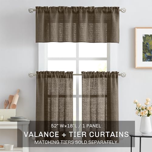 Melodieux Brown Semi Sheer Curtain Valance for Kitchen Cafe Small Windows Linen Rustic Rod Pocket Valance, 52 by 18 Inch, 1 Panel - color: Dark Brown, size: 52"W x 18"L (Pack of 1)