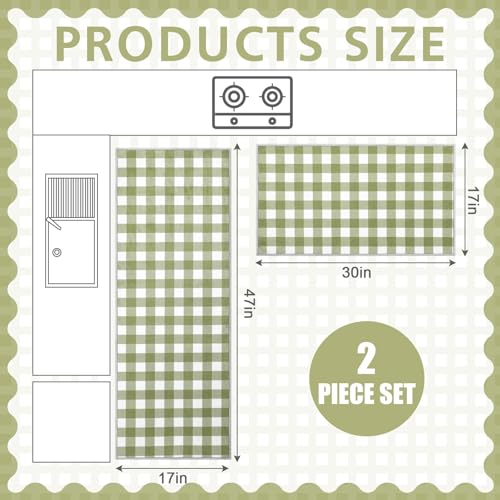 Dunzy 2 Pcs Sage Green Kitchen Mat Farmhouse Plaid Runner Non-Slip Washable - color: Sage Green
