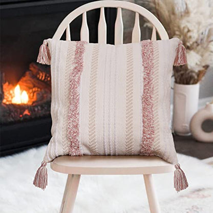 blue page Boho Tufted Square Pillow Cover 22 × 22 in – Neutral Pink | Woven Farmhouse Accent Decorative Throw Pillow Cover with Tassels & Invisible Zipper for Couch, Bed or Living Room - size: 22" x 22" (Pack of 1)