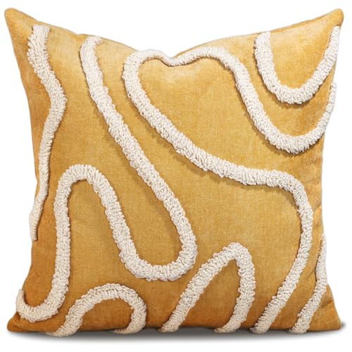 Throw Pillow Covers 18x18 - Tufted Boho Decorative Pillow Cover with Zipper for Couch Sofa Bed Living Room Aesthetic Soft Spring Summer Abstract Textured Indoor Pillowcase, Yellow Line - color: Yellow Line, size: 18" x 18" (Pack of 1)