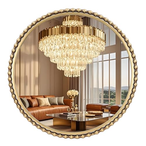 30" Round Bathroom Mirror, Antique Gold Bold Beaded Frame
