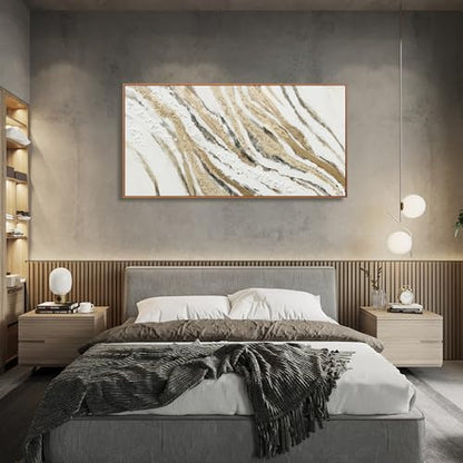 Framed White Gold Textured Abstract Canvas Wall Art For Living Room 20"X40" - color: Gold, size: 40"L x 20"W