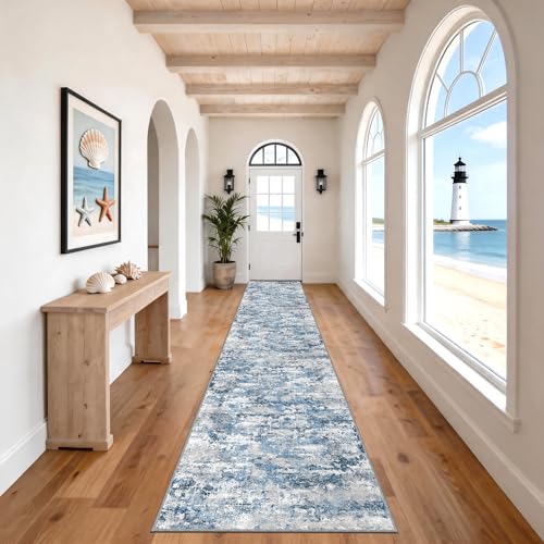 Long Hallway Runner Rug 2.6x14 ft Textured Non Slip for Dogs, Ocean Blue - color: Abstract- Ocean Blue, size: 2'7" x 14' (Runner)