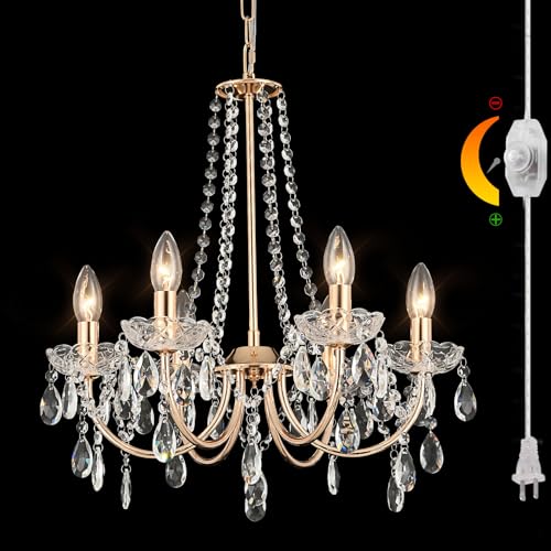 (Bulb Included) DIMMABLE Plug in Chandelier with 6 Light Crystal,19.68ft Long Plug in Clear Cord, Champaign Gold E12 Glass Hanging Ceiling Pendant Lights for Dining Living Room Bedroom Entryway - color: 6 Light