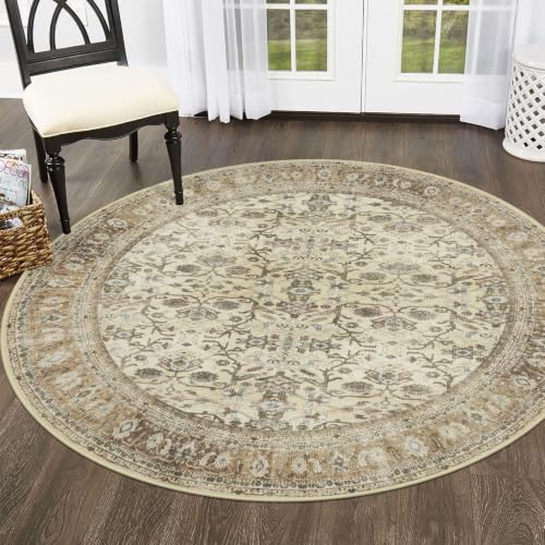 SIILOOM Washable 5ft Circle Round Rug, 5x5 Non-Slip Soft Circular Area Rugs - color: Beige/Brown, size: 5' (Round)